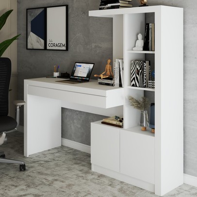 Mesa Escrivaninha 2  Portas 1 Gaveta para Computador Homework Branco - Panorama Móveis