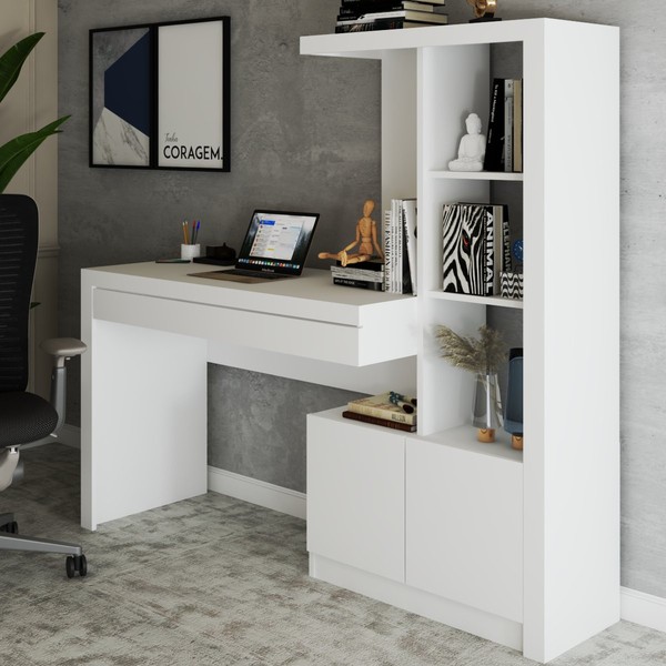 Mesa Escrivaninha 2  Portas 1 Gaveta para Computador Homework Branco - Panorama Móveis