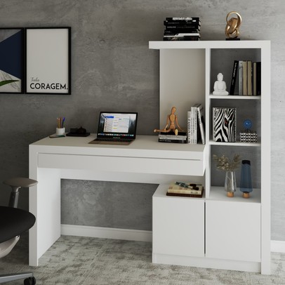 Mesa Escrivaninha 2  Portas 1 Gaveta para Computador Homework Branco - Panorama Móveis