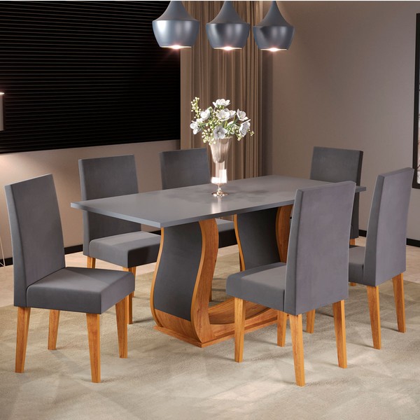 Mesa de Jantar 6 Lugares Roma Mel/Cinza/Veludo Grafite - Viero Móveis