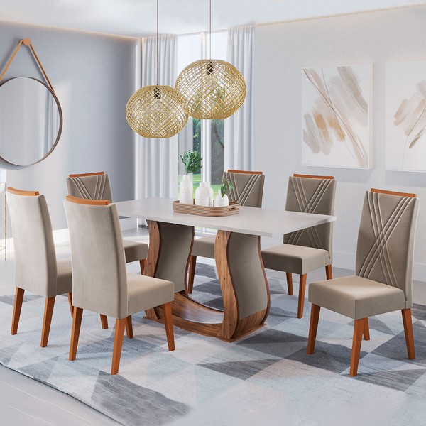 Mesa de Jantar 6 Lugares Corsa Imbuia/Blonde/Veludo Perola - Viero Móveis