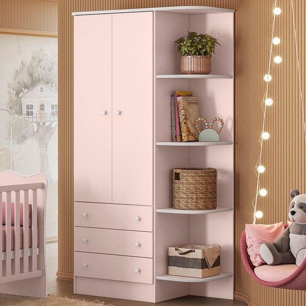 Guarda-Roupa Infantil Doce Sonho 2 Portas 3 Gavetas Rosa Acetinado - Qmovi