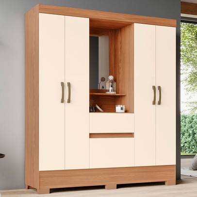 Guarda-Roupa Solteiro 4 Portas 2 Gavetas Nature/Off White Bs07 - Briz