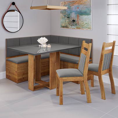 Canto Alemão Rubro com 2 Cadeiras Mel/Grafite/Veludo Grafite - Viero Móveis