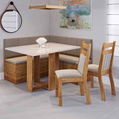 Canto Alemão Rubro com 2 Cadeiras Mel/Veludo Perola/Off White - Viero Móveis