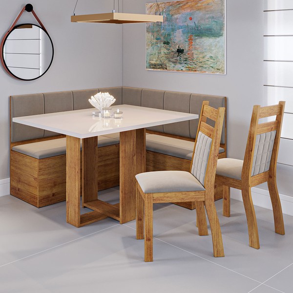 Canto Alemão Rubro com 2 Cadeiras Mel/Veludo Perola/Off White - Viero Móveis