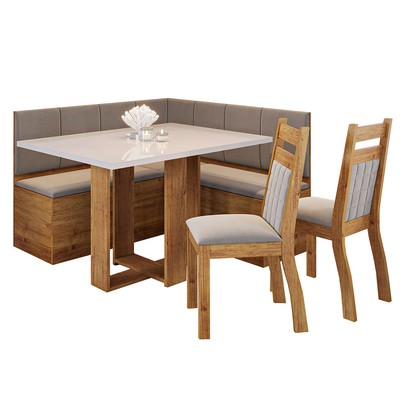 Canto Alemão Rubro com 2 Cadeiras Mel/Veludo Perola/Off White - Viero Móveis