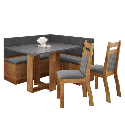 Canto Alemão Nigro com 2 Cadeiras Mel/Cinza Brilho/Veludo Grafite - Viero Móveis