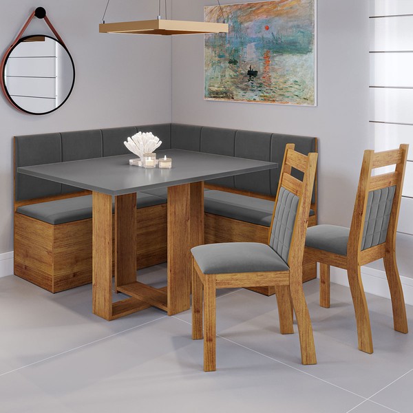 Canto Alemão Nigro com 2 Cadeiras Mel/Cinza Brilho/Veludo Grafite - Viero Móveis