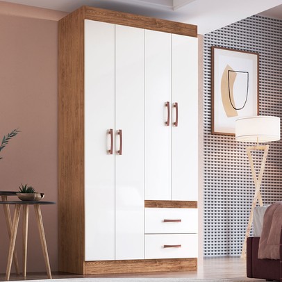 Guarda-Roupa Solteiro Rosario 4 Portas 2 Gavetas Off White Nogueira - Doripel