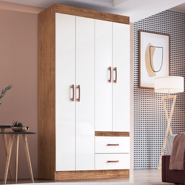 Guarda-Roupa Solteiro Rosario 4 Portas 2 Gavetas Off White Nogueira - Doripel