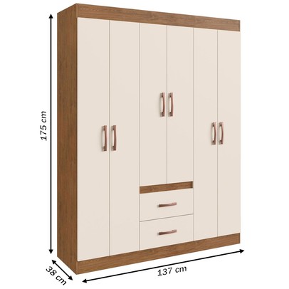 Guarda-Roupa Casal Riveira 6 Portas 2 Gavetas Off White/Nogueira - Doripel