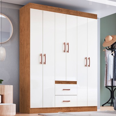 Guarda-Roupa Casal Riveira 6 Portas 2 Gavetas Off White/Nogueira - Doripel