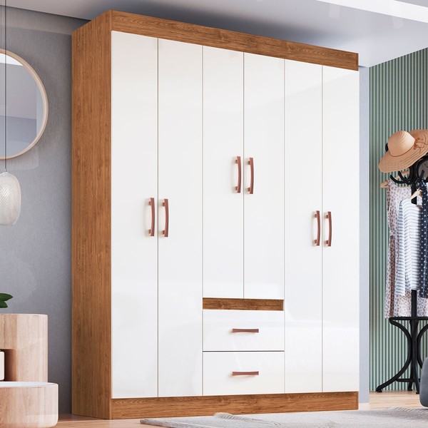 Guarda-Roupa Casal Riveira 6 Portas 2 Gavetas Off White/Nogueira - Doripel