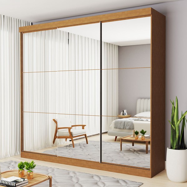 Guarda-Roupa Casal Isabela 3 Portas de Correr Espelhado 4 Gavetas Carvalho - Minastex