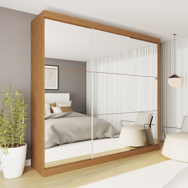 Guarda-Roupa Casal Rennes 3 Portas de Correr Espelhado 4 Gavetas Carvalho - Minastex