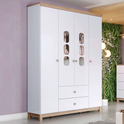 Guarda-Roupa Infantil Aconchego 4 Portas 2 Gavetas Branco/Jequitibá - Henn