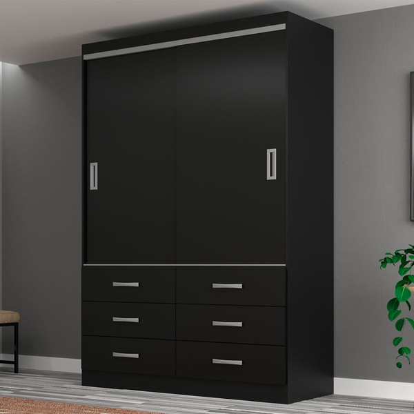 Guarda-Roupa Solteiro Veneza 2 Portas 6 Gavetas Black - Evidência Móveis