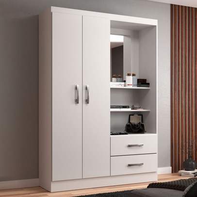 Guarda-Roupa Solteiro Capelinha 2 Portas 2 Gavetas com Espelho Branco - Evidência Móveis