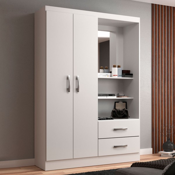 Guarda-Roupa Solteiro Capelinha 2 Portas 2 Gavetas com Espelho Branco - Evidência Móveis
