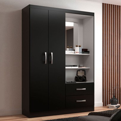 Guarda-Roupa Solteiro Capelinha 2 Portas 2 Gavetas com Espelho Black - Evidência Móveis