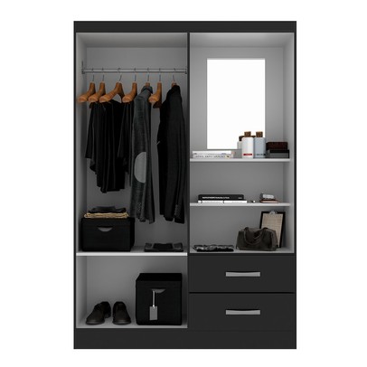 Guarda-Roupa Solteiro Capelinha 2 Portas 2 Gavetas com Espelho Black - Evidência Móveis