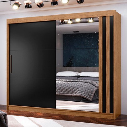 Guarda-Roupa Casal Seul 100% Mdf 2 Portas 4 Gavetas com Espelho Freijo/Nero - Mx Móveis