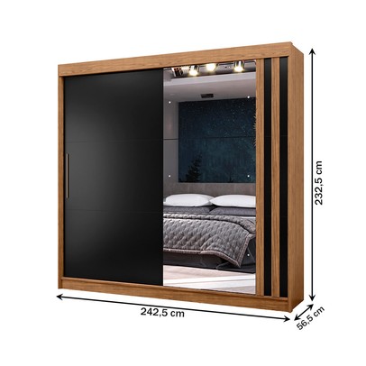 Guarda-Roupa Casal Seul 100% Mdf 2 Portas 4 Gavetas com Espelho Freijo/Nero - Mx Móveis