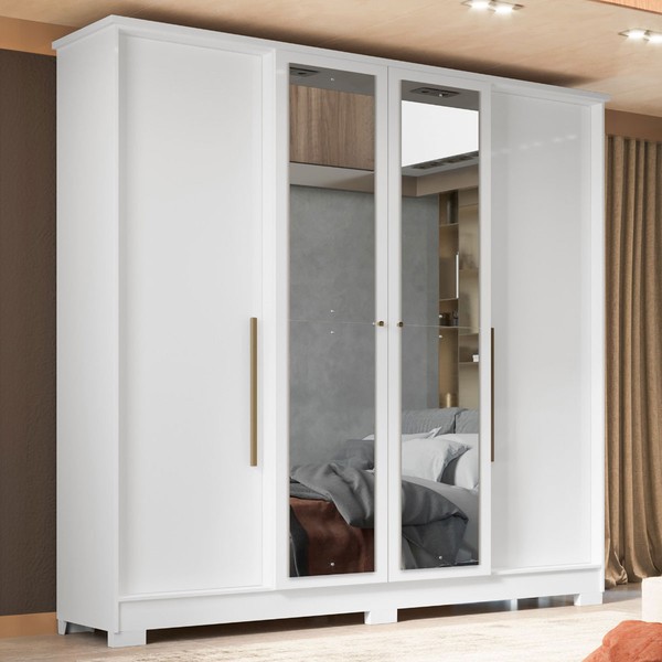 Guarda-Roupa Casal Monaco 4 Portas 2 Gavetas com Espelho Branco - Mx Móveis