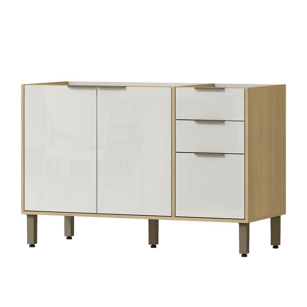 Balcão de Cozinha para Pia 120 Cm Glória 3 Portas 2 Gavetas Castanho/Off White - Mx Móveis
