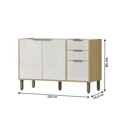 Balcão de Cozinha para Pia 120 Cm Glória 3 Portas 2 Gavetas Castanho/Off White - Mx Móveis