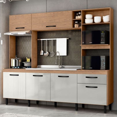 Cozinha Compacta Zoe 6 Portas 1 Gaveta Freijó/Off White - Mx Móveis