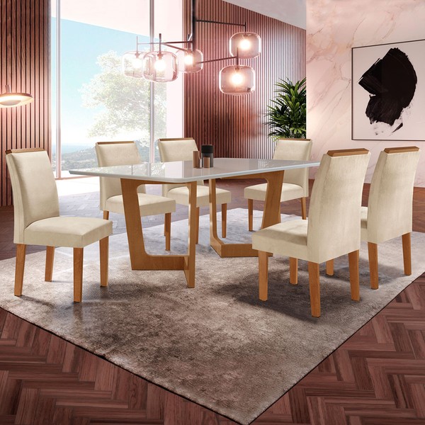 Mesa de Jantar 6 Lugares Itália com Vidro Cinamomo/Off White/Bege - Panorama Móveis