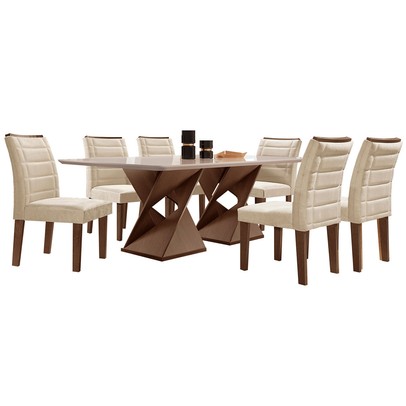 Mesa de Jantar 6 Lugares Espanha com Vidro Chocolate/Off White/Bege - Panorama Móveis