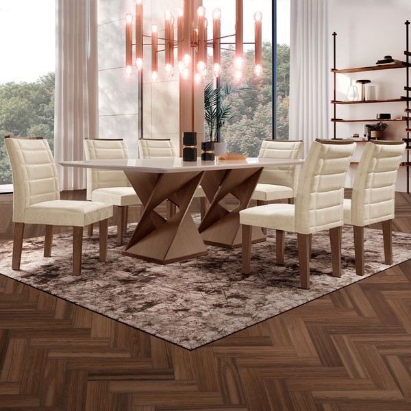 Mesa de Jantar 6 Lugares Espanha com Vidro Chocolate/Off White/Bege - Panorama Móveis