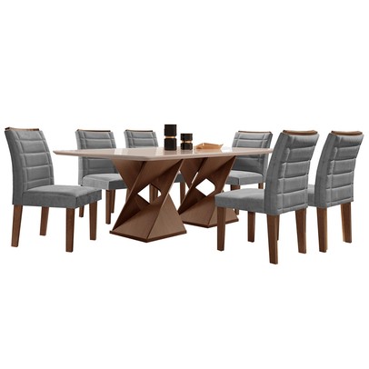 Mesa de Jantar 6 Lugares Espanha com Vidro Chocolate/Off White/Cinza - Panorama Móveis