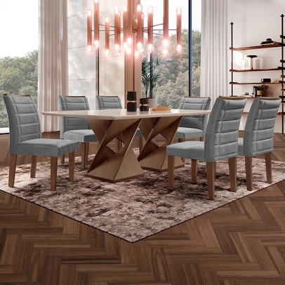 Mesa de Jantar 6 Lugares Espanha com Vidro Chocolate/Off White/Cinza - Panorama Móveis