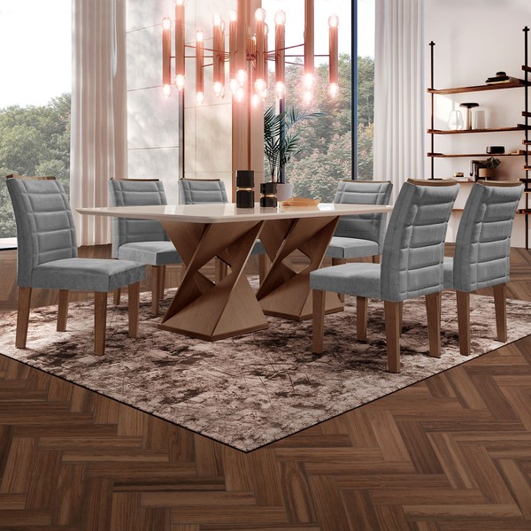 Mesa de Jantar 6 Lugares Espanha com Vidro Chocolate/Off White/Cinza - Panorama Móveis