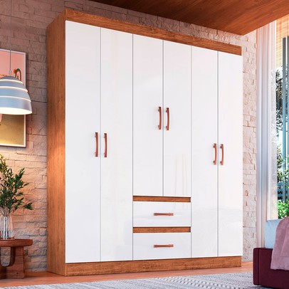 Guarda-Roupa Solteiro Texas 6 Portas 2 Gavetas Off White/Nogueira - Doripel