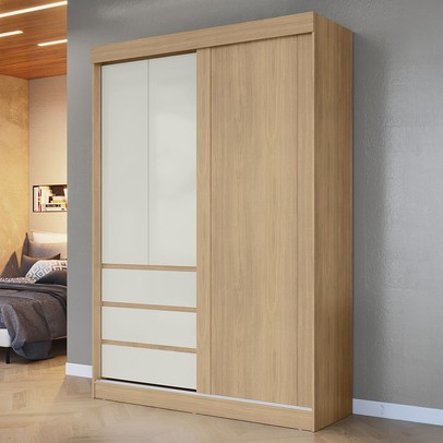 Guarda-Roupa Solteiro Bagda 100% Mdf 3 Portas 3 Gavetas Castanho/Off White - Mx Móveis