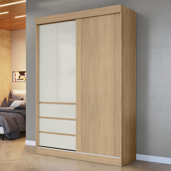 Guarda-Roupa Solteiro Bagda 100% Mdf 3 Portas 3 Gavetas Castanho/Off White - Mx Móveis