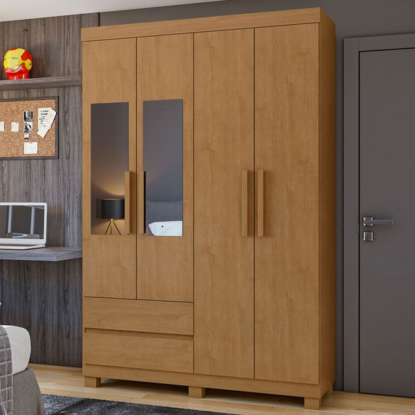 Guarda-Roupa Solteiro Zeus 4 Portas 2 Gavetas com Espelho Amêndoa Clean - Móveis Lopas