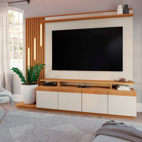 Estante para TV Até 65 Polegadas Escandinávia com Led 4 Portas Cinamomo/Off White - Panorama Móveis