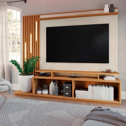 Estante para TV Até 65 Polegadas Escandinávia com Led 4 Portas Cinamomo/Off White - Panorama Móveis