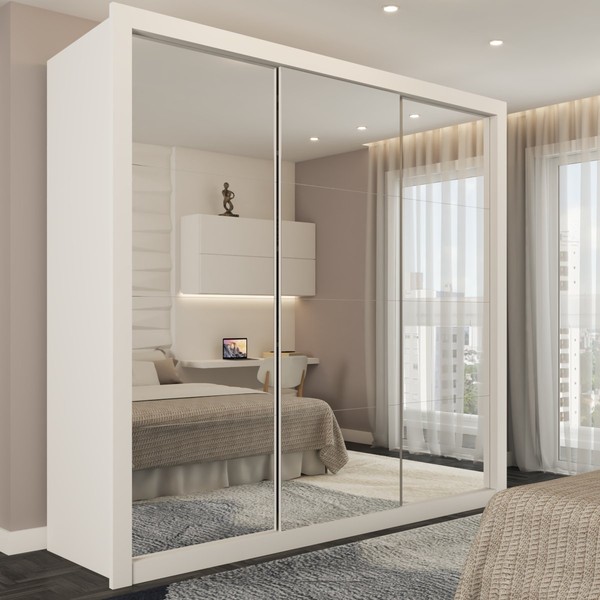 Guarda-Roupa Solteiro Ilhabela 3 Portas de Correr 4 Gavetas Espelhado Branco - Panorama Móveis