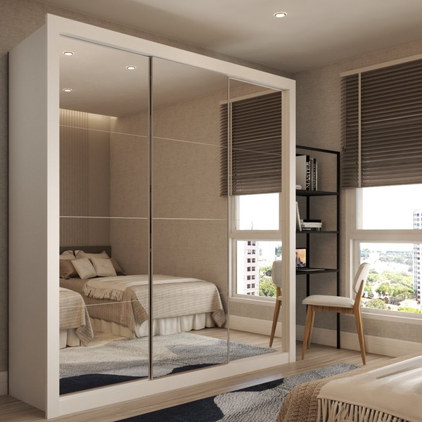 Guarda-Roupa Casal Santos 3 Portas de Correr 4 Gavetas Espelhado Branco - Panorama Móveis