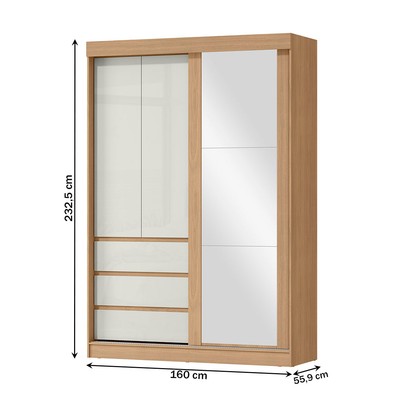 Guarda-Roupa Solteiro Bagda 100% Mdf 3 Portas 3 Gavetas com Espelho Castanho/Off White - Mx Móveis