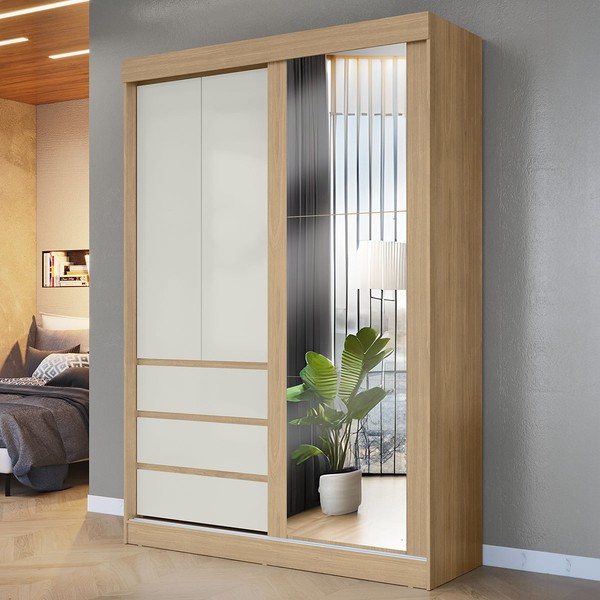 Guarda-Roupa Solteiro Bagda 100% Mdf 3 Portas 3 Gavetas com Espelho Castanho/Off White - Mx Móveis
