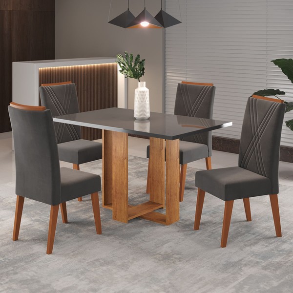 Mesa de Jantar 4 Lugares com Vidro Pajero Mel/Grafite - Viero Móveis