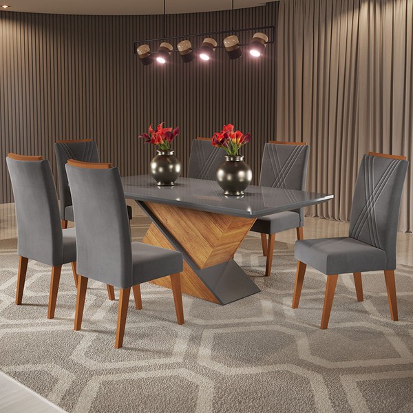 Mesa de Jantar 6 Lugares Stela com Vidro Mel/Cinza/Grafite - Viero Móveis